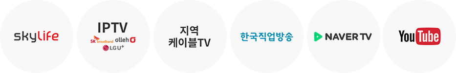 SKY Life, IPTV(SK브로드밴드, 올레KT, LG U+), 지역케이블TV, 한국직업방송, NAVER TV, YOU Tube