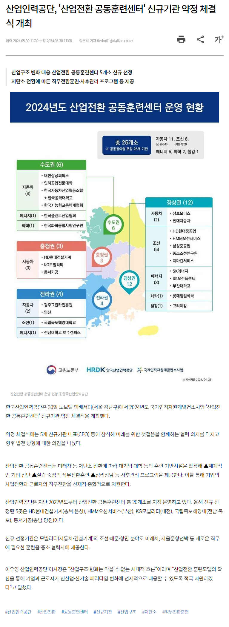 240530_데일리안_산업인력공단, '산업전환 공동훈련센터' 신규기관 약정 체결식 개최.png